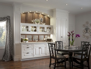 wooden butler pantry with plates in it