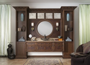bathroom with brown wood and circular mirror